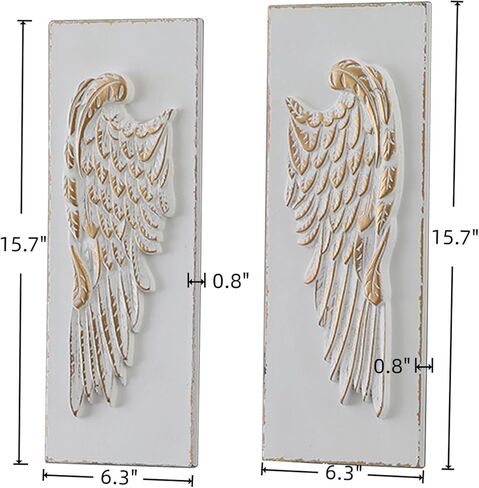 SOFE 2 Pcs Vintage Wood Carved Gold Angel Wings Wall Decor, 16 Inches Tall Wall Sculpture, 3D Art Wall Decor Distressed White for Home Bedroom, Hotel, Cafe, Office in Saudi Arabia
