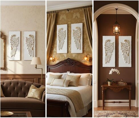 SOFE 2 Pcs Vintage Wood Carved Gold Angel Wings Wall Decor, 16 Inches Tall Wall Sculpture, 3D Art Wall Decor Distressed White for Home Bedroom, Hotel, Cafe, Office in Saudi Arabia