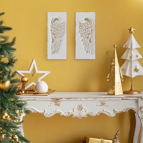 SOFE 2 Pcs Vintage Wood Carved Gold Angel Wings Wall Decor, 16 Inches Tall Wall Sculpture, 3D Art Wall Decor Distressed White for Home Bedroom, Hotel, Cafe, Office in Saudi Arabia