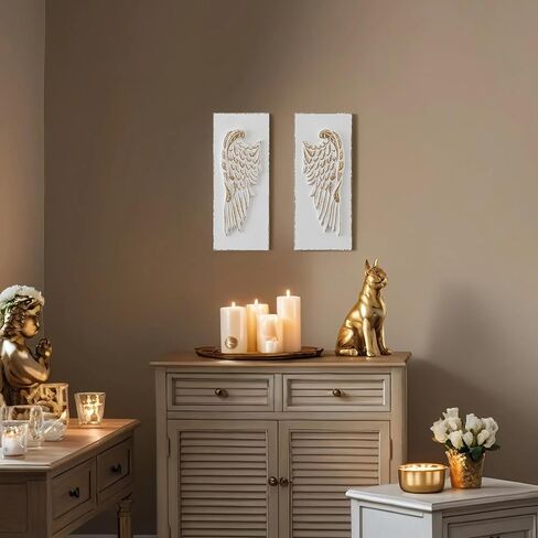 SOFE 2 Pcs Vintage Wood Carved Gold Angel Wings Wall Decor, 16 Inches Tall Wall Sculpture, 3D Art Wall Decor Distressed White for Home Bedroom, Hotel, Cafe, Office in Saudi Arabia