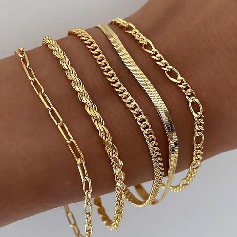 Gold Bracelets for Women Waterproof, 14K Real Gold Jewelry Sets for Women Trendy Thin Dainty Stackable Cuban Link Paperclip Chain Bracelet Pack Fashion Accessories Gifts for Womens in Saudi Arabia