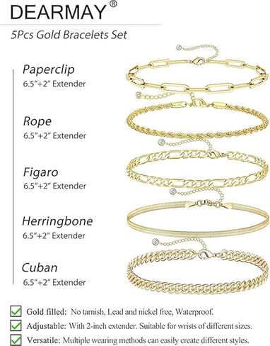 Gold Bracelets for Women Waterproof, 14K Real Gold Jewelry Sets for Women Trendy Thin Dainty Stackable Cuban Link Paperclip Chain Bracelet Pack Fashion Accessories Gifts for Womens in Saudi Arabia