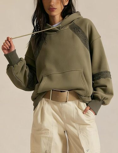 TIQOJE Women’s Oversized Hoodie Lace Patchwork Sweatshirt Long Sleeve Pullover Tops Fall Fashion Outfits in Saudi Arabia