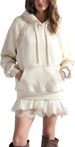 TIQOJE Women’s Oversized Hoodie Lace Patchwork Sweatshirt Long Sleeve Pullover Tops Fall Fashion Outfits in Saudi Arabia