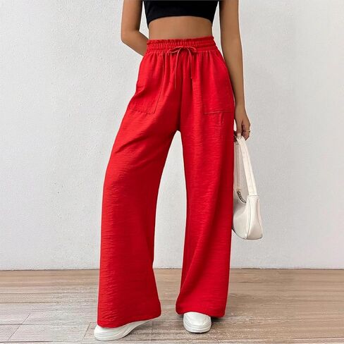Women's Wide Leg High Waist Pants Palazzo Solid Color Tie Trousers Lounge Pants with Pockets Versatility in Saudi Arabia