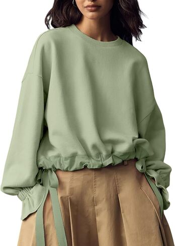 ZOCPEONY المرأة طويلة الأكمام نفخة البلوز الرباط هيم Crewneck البلوز فضفاض الصلبة عارضة قمم in Saudi Arabia