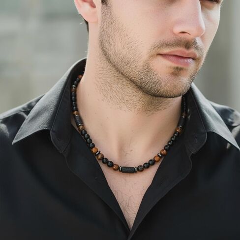 DOPENSPI Beaded Mens Necklace, 20.8 Inch Men's Tiger Eye Stone Hematite Black Lava Beaded Necklace Mens Charm Men's Jewellery Gifts for Birthday Christmas Father's Day in Saudi Arabia