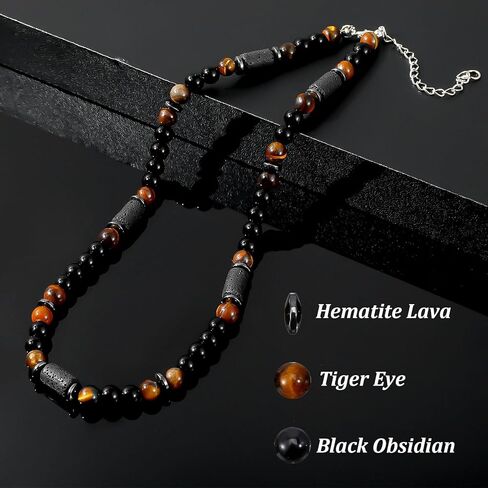 DOPENSPI Beaded Mens Necklace, 20.8 Inch Men's Tiger Eye Stone Hematite Black Lava Beaded Necklace Mens Charm Men's Jewellery Gifts for Birthday Christmas Father's Day in Saudi Arabia