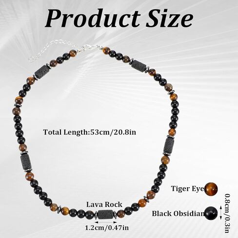 DOPENSPI Beaded Mens Necklace, 20.8 Inch Men's Tiger Eye Stone Hematite Black Lava Beaded Necklace Mens Charm Men's Jewellery Gifts for Birthday Christmas Father's Day in Saudi Arabia