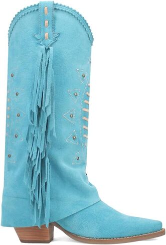 Dingo Womens Spirit Trail Studded Embroidered Fringe Snip Toe Pull On Casual Boots Knee High Mid Heel 2-3" - Red in Kuwait