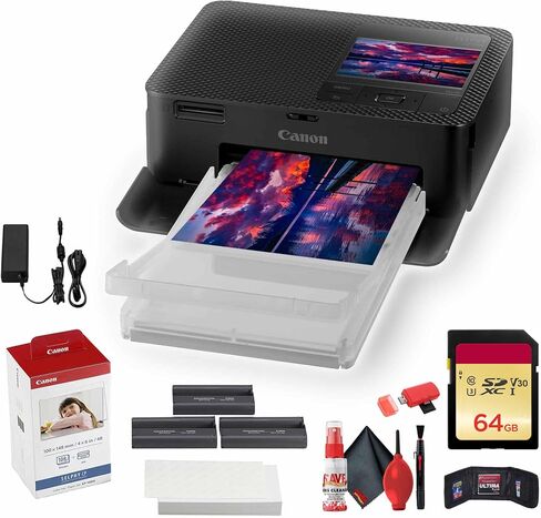 Canon Selphy CP1500 Photo Photo Photo (Black) (5539C001) KP-108in Color Ink and Paper Set + 64GB Ultra Memory Card + Cleaning Kit + Memory Card Wallet + Card Card in Kuwait
