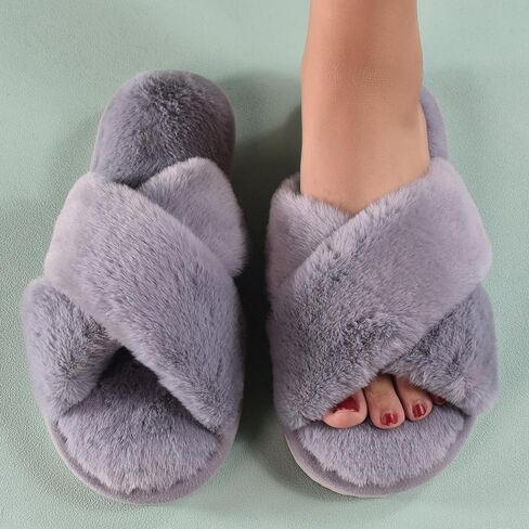 Fuzzy Slippers for Women, Open Toe Cross Band Memory Foam House Shoes Cozy Plush Fluffy Indoor Outdoor Slide Slippers Soft Home Bedroom Footwear for Daily Wear in Saudi Arabia