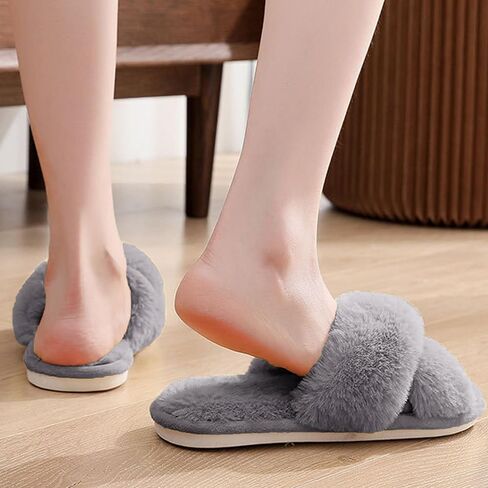 Fuzzy Slippers for Women, Open Toe Cross Band Memory Foam House Shoes Cozy Plush Fluffy Indoor Outdoor Slide Slippers Soft Home Bedroom Footwear for Daily Wear in Saudi Arabia