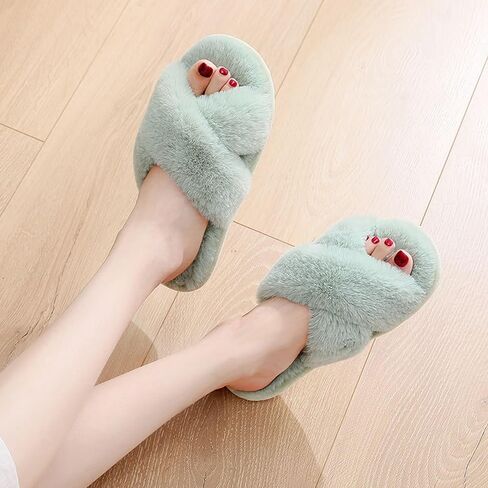 Fuzzy Slippers for Women, Open Toe Cross Band Memory Foam House Shoes Cozy Plush Fluffy Indoor Outdoor Slide Slippers Soft Home Bedroom Footwear for Daily Wear in Saudi Arabia