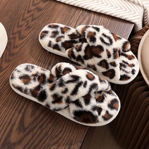 Fuzzy Slippers for Women, Open Toe Cross Band Memory Foam House Shoes Cozy Plush Fluffy Indoor Outdoor Slide Slippers Soft Home Bedroom Footwear for Daily Wear in Saudi Arabia