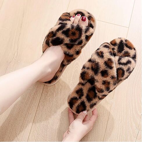 Fuzzy Slippers for Women, Open Toe Cross Band Memory Foam House Shoes Cozy Plush Fluffy Indoor Outdoor Slide Slippers Soft Home Bedroom Footwear for Daily Wear in Saudi Arabia