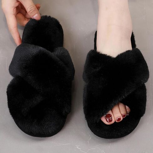 Fuzzy Slippers for Women, Open Toe Cross Band Memory Foam House Shoes Cozy Plush Fluffy Indoor Outdoor Slide Slippers Soft Home Bedroom Footwear for Daily Wear in Saudi Arabia