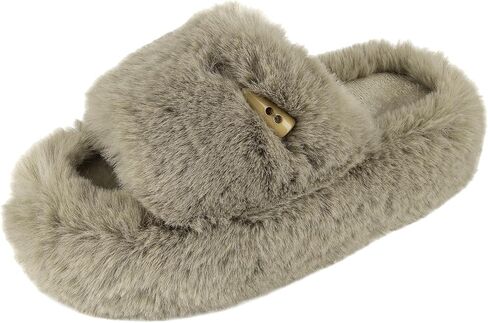 Womens Slippers Memory Foam Ladies Plush Slipper Open Toe Slip On Furry Home Slippers Trendy Fluffy Bedroom Slippers Indoor Slides Flip Flop,Brown in Saudi Arabia