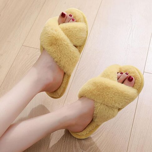 Fuzzy Slippers for Women, Open Toe Cross Band Memory Foam House Shoes Cozy Plush Fluffy Indoor Outdoor Slide Slippers Soft Home Bedroom Footwear for Daily Wear in Saudi Arabia