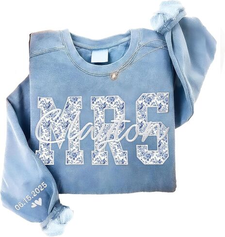 NAZENTI Personalized MRS Floral Applique Embroidered Sweatshirt with Bride’s New Last Name, Custom Bridal Gift, Wedding, Engagement, Honeymoon, Valentine's Day Gift for Her in Saudi Arabia