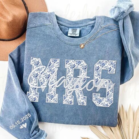 NAZENTI Personalized MRS Floral Applique Embroidered Sweatshirt with Bride’s New Last Name, Custom Bridal Gift, Wedding, Engagement, Honeymoon, Valentine's Day Gift for Her in Saudi Arabia