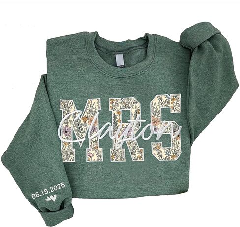 NAZENTI Personalized MRS Floral Applique Embroidered Sweatshirt with Bride’s New Last Name, Custom Bridal Gift, Wedding, Engagement, Honeymoon, Valentine's Day Gift for Her in Saudi Arabia