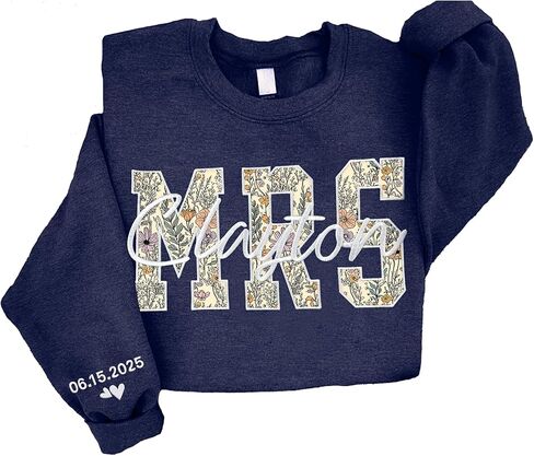NAZENTI Personalized MRS Floral Applique Embroidered Sweatshirt with Bride’s New Last Name, Custom Bridal Gift, Wedding, Engagement, Honeymoon, Valentine's Day Gift for Her in Saudi Arabia