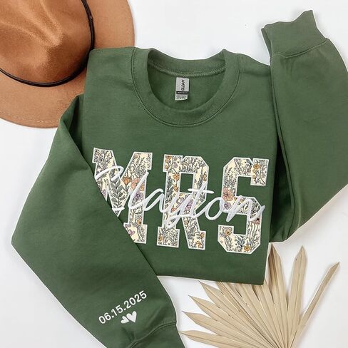 NAZENTI Personalized MRS Floral Applique Embroidered Sweatshirt with Bride’s New Last Name, Custom Bridal Gift, Wedding, Engagement, Honeymoon, Valentine's Day Gift for Her in Saudi Arabia