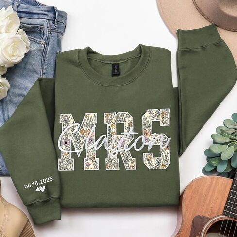 NAZENTI Personalized MRS Floral Applique Embroidered Sweatshirt with Bride’s New Last Name, Custom Bridal Gift, Wedding, Engagement, Honeymoon, Valentine's Day Gift for Her in Saudi Arabia