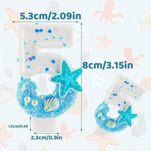 Ocean Theme 1st Birthday Candle Number 1 Blue White Starfish Shell Pearls Glitter Sequins Candles Cake Topper Decorations for Boy Girl Baby Shower Anniversary Birthday Party Decor Supplies in Saudi Arabia