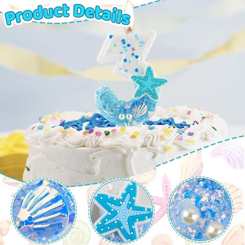 Ocean Theme 1st Birthday Candle Number 1 Blue White Starfish Shell Pearls Glitter Sequins Candles Cake Topper Decorations for Boy Girl Baby Shower Anniversary Birthday Party Decor Supplies in Saudi Arabia