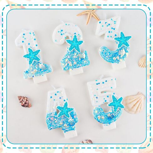 Ocean Theme 1st Birthday Candle Number 1 Blue White Starfish Shell Pearls Glitter Sequins Candles Cake Topper Decorations for Boy Girl Baby Shower Anniversary Birthday Party Decor Supplies in Saudi Arabia
