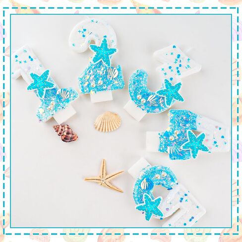 Ocean Theme 1st Birthday Candle Number 1 Blue White Starfish Shell Pearls Glitter Sequins Candles Cake Topper Decorations for Boy Girl Baby Shower Anniversary Birthday Party Decor Supplies in Saudi Arabia