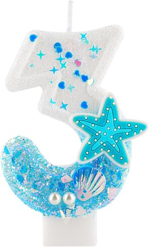 Ocean Theme 1st Birthday Candle Number 1 Blue White Starfish Shell Pearls Glitter Sequins Candles Cake Topper Decorations for Boy Girl Baby Shower Anniversary Birthday Party Decor Supplies in Saudi Arabia