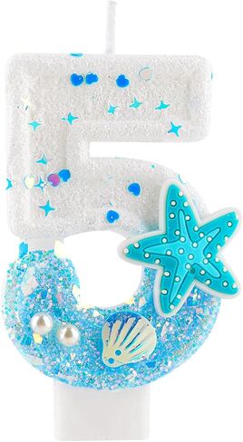 Ocean Theme 1st Birthday Candle Number 1 Blue White Starfish Shell Pearls Glitter Sequins Candles Cake Topper Decorations for Boy Girl Baby Shower Anniversary Birthday Party Decor Supplies in Saudi Arabia