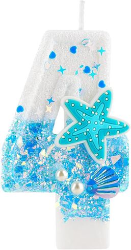 Ocean Theme 1st Birthday Candle Number 1 Blue White Starfish Shell Pearls Glitter Sequins Candles Cake Topper Decorations for Boy Girl Baby Shower Anniversary Birthday Party Decor Supplies in Saudi Arabia
