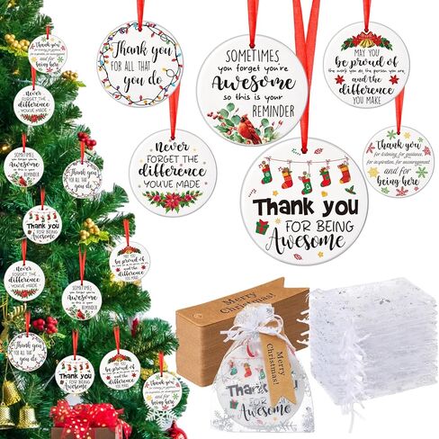Barydat 12 Set Ceramic Christmas Appreciation Gifts for Coworkers, Thank You Ceramic Ornaments Xmas Tree Hanging Ornaments with Tags and Bag for Coworker Office Friendship Xmas Tree Decor (Classic) in Saudi Arabia