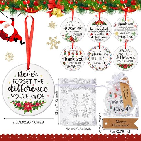 Barydat 12 Set Ceramic Christmas Appreciation Gifts for Coworkers, Thank You Ceramic Ornaments Xmas Tree Hanging Ornaments with Tags and Bag for Coworker Office Friendship Xmas Tree Decor (Classic) in Saudi Arabia