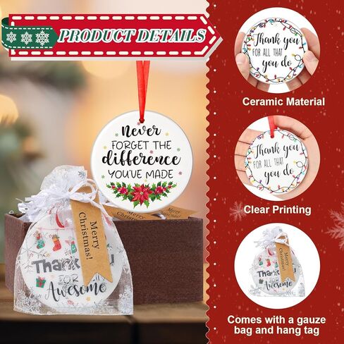 Barydat 12 Set Ceramic Christmas Appreciation Gifts for Coworkers, Thank You Ceramic Ornaments Xmas Tree Hanging Ornaments with Tags and Bag for Coworker Office Friendship Xmas Tree Decor (Classic) in Saudi Arabia