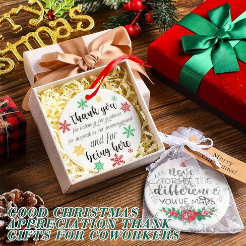 Barydat 12 Set Ceramic Christmas Appreciation Gifts for Coworkers, Thank You Ceramic Ornaments Xmas Tree Hanging Ornaments with Tags and Bag for Coworker Office Friendship Xmas Tree Decor (Classic) in Saudi Arabia