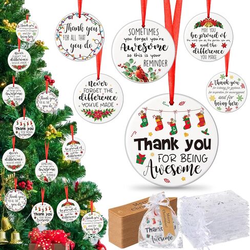 Barydat 12 Set Ceramic Christmas Appreciation Gifts for Coworkers, Thank You Ceramic Ornaments Xmas Tree Hanging Ornaments with Tags and Bag for Coworker Office Friendship Xmas Tree Decor (Classic) in Saudi Arabia