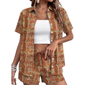 Rapbin Women's 2 Piece Summer Outfits Button Down Short Sleeve Shirt Set, Suitable for Office, Travel & Shopping Black in Saudi Arabia