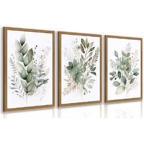 HLXRAE Watercolor Botanical Wall Art Set of 3, Neutral Sage Green Bathroom Wall Decor, Modern Floral Canvas Paintings, Minimalist Farmhouse Poster Prints for Bedroom Living Room Wood Framed 12x16 Inch in Saudi Arabia