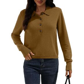 AMZANGEL Women's Merino Wool Cropped Sweater 100% Wool Polo Collared Half Button up Long Sleeve Pullover Sweaters in Kuwait