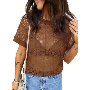 EVALESS Womens Spring Summer Tops Casual Lace Tops Crewneck Short Sleeve Shirts Cut Out T Shirts Sheer Crochet Knit Blouses in Saudi Arabia