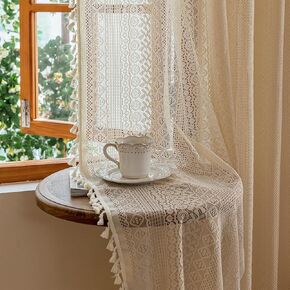 Boho Curtains 96 Inches Long for Living Room Sheer Lace Curtains with Tassels 2 Panels Geometric Stripes Crochet Farmhouse Bohemian Drapes Rod Pocket Privacy Light Filtering Window Curtain, 60 x 96 In in Kuwait