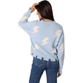 Petal & Pup Womens Lightning Bolt Printed Fray Detail Knit Sweater in Kuwait