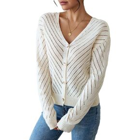 Libsorge Womens Sexy Off The Shoulder Sweater Spring 2025 Trendy Lightweight Cute Crochet Knit Hollow Out Button Cardigan in Kuwait