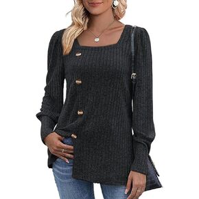 MYCOLORBLUE قمصان الخريف النسائية الناعمة برقبة مربعة وأكمام طويلة وفانوس وأزرار ديكو وأزرار جانبية وقميص تونيك in Kuwait