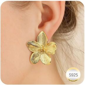 GEMQUEEN 925 Sterling Silver Post Statement Flower Earrings : 14K Gold Plated Dangle Earrings Hypoallergenic Unique Large Floral Chunky Stud Drop Earring Jewelry for Women Trendy in Kuwait
